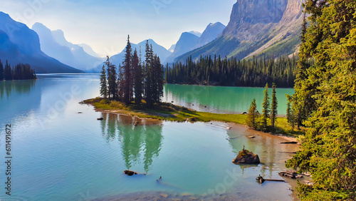 World famous and Iconic Spirit Island, a holy place for the Stoney Nakoda First nation, on Maligne Lake in Jasper National Park in the Canada rockies photo