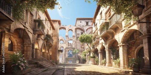 AI Generated. AI Generative. Medieval town in Spain Merengue. Old architecture adventure vacation style. Graphic Art