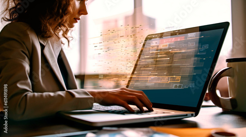 A woman in a business suit uses a laptop to manage a database of online documents and keep records of digital file storage system software. Generative AI.