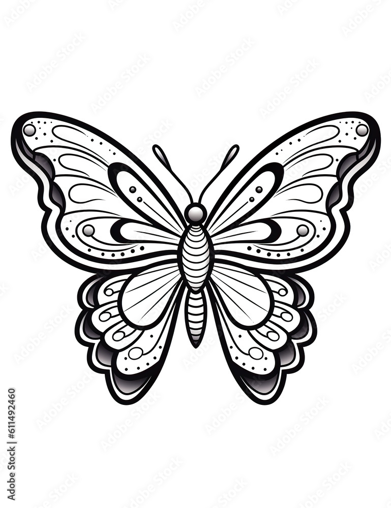 A black and white butterfly on a white background. Generative AI. Coloring book for kids. A black and white butterfly on a white background. Generative AI. Coloring book for kids.