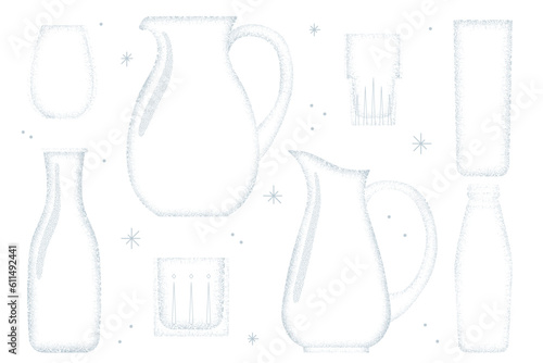 Water jar, jug. Glass texture pitcher, cup and bottle, transparent food silhouette. Vector cartoon design 