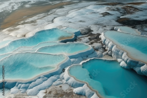 Aerial top view Pamukkale Turkey travertine pools, nature terraces with blue water. Generative AI