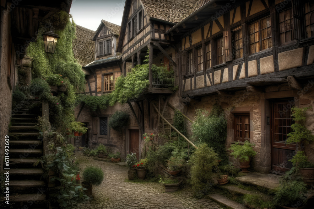 Picturesque quaint European town with charming medieval houses. Generative AI