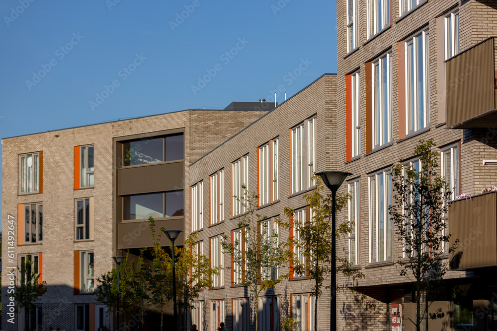 Naklejka premium Exterior facade real estate investment project Ubuntuplein condominium. Dutch engineering real estate investment urban development