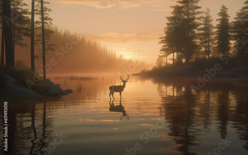 A Glass-Like Lake Mirrors the Tranquil Wilderness with a Peaceful Grazing Deer