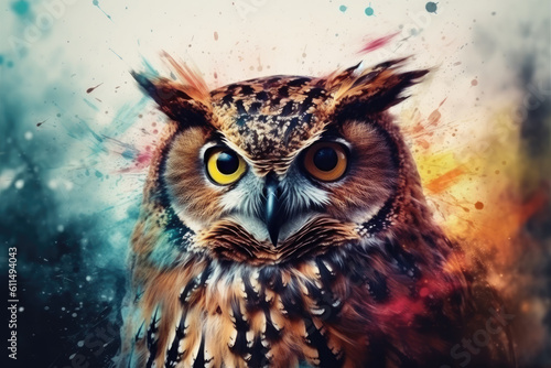Abstract animal Owl portrait with colorful double exposure paint. Generative AI