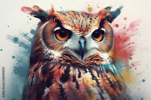 Abstract animal Owl portrait with colorful double exposure paint. Generative AI © Kateryna