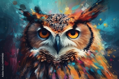 Abstract animal Owl portrait with colorful double exposure paint. Generative AI © Kateryna
