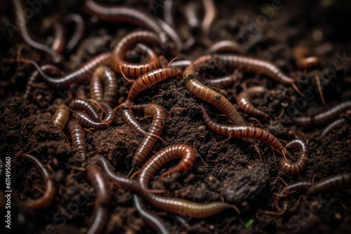 Many living earthworms for fishing in the soil, background. Generative AI © Kateryna