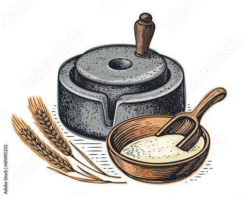 Wheat, bowl of grain and millstone, vector illustration. Flour production. Hand mill, stone tool for grinding grain