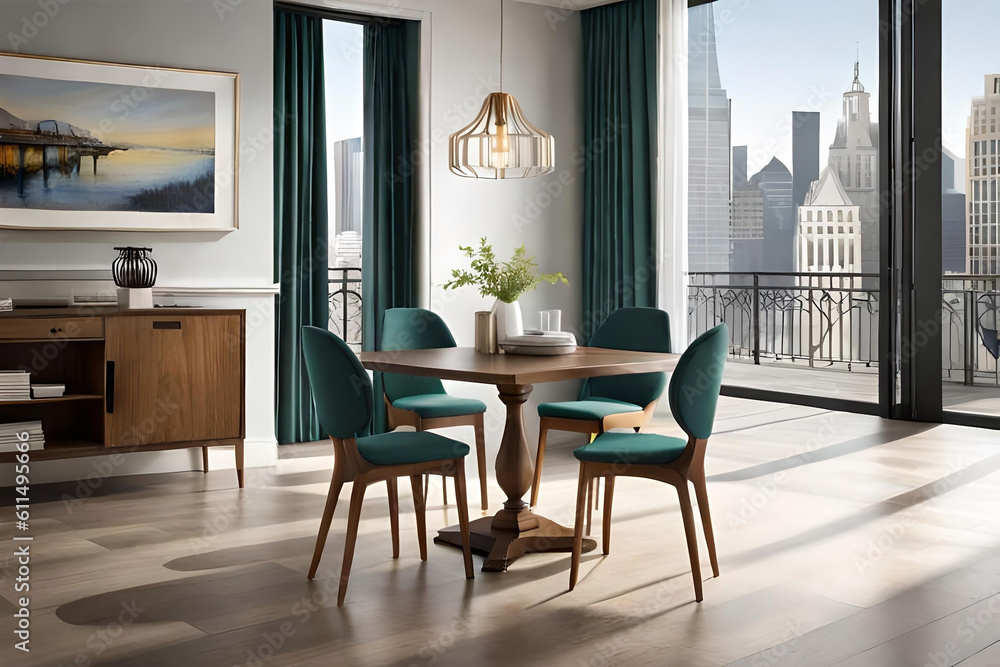 Fototapeta premium Step into a world of sophistication with a captivating image that captures a chic bistro's blurred background, accentuated by a gentle blur effect, while a wooden table exudes timeless charm