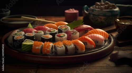 Japanese Sushi Rolls, Sushi, Delicious Juicy Sushi Isolated on Dark Background, Ai Generated Art.