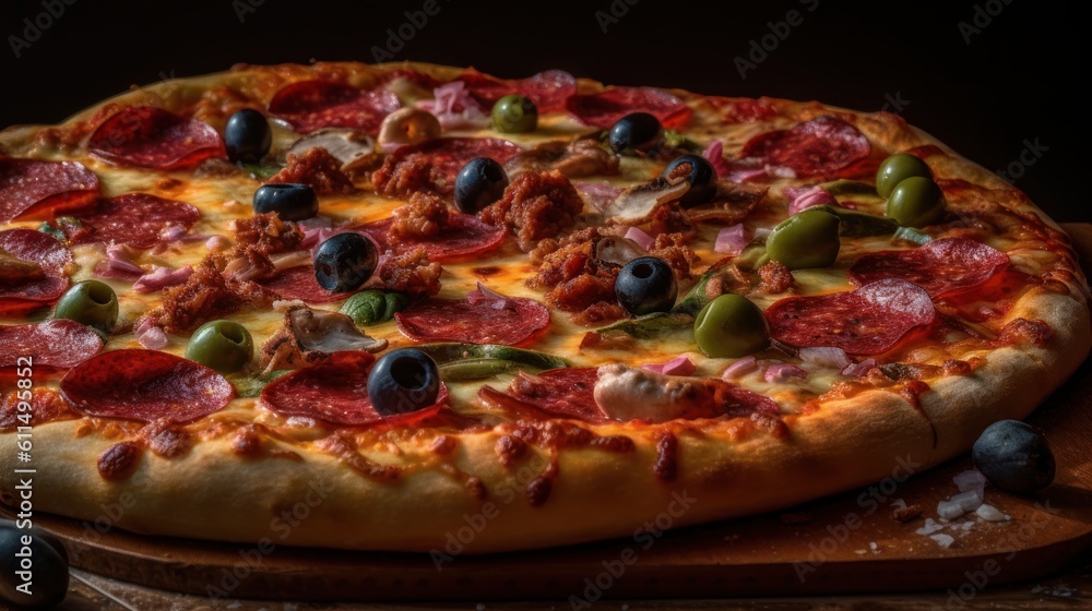 Delicious Cheesy Pizza with mozzarella, Pepperoni Pizza, Delicious Pizza Isolated on Dark Background, Ai Generated Art.