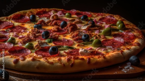 Delicious Cheesy Pizza with mozzarella, Pepperoni Pizza, Delicious Pizza Isolated on Dark Background, Ai Generated Art.