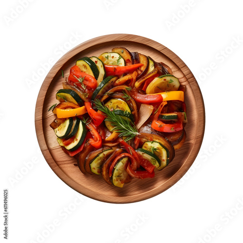 Original french ratatouille on a plate, served beautiful, transparent background