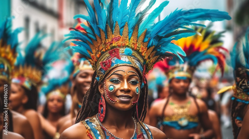 Samba fastival, carnival procession. A woman wearing a colorful headdress in a parade. Generative AI.