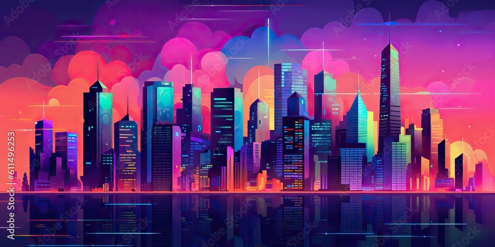 AI Generated. AI Generative. Retro vintage synthwave vaporwave city urban town cityscape. Pink purple future colors. Graphic Art