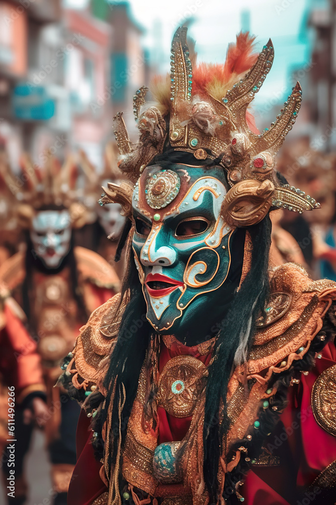 A man wearing a mask and feathers in a parade. Generative AI. La Diablada in Oruro, Bolivia.
