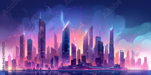 AI Generated. AI Generative. Retro vintage synthwave vaporwave city urban town cityscape. Pink purple future colors. Graphic Art © AkimD