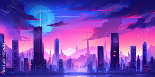 AI Generated. AI Generative. Retro vintage synthwave vaporwave city urban town cityscape. Pink purple future colors. Graphic Art