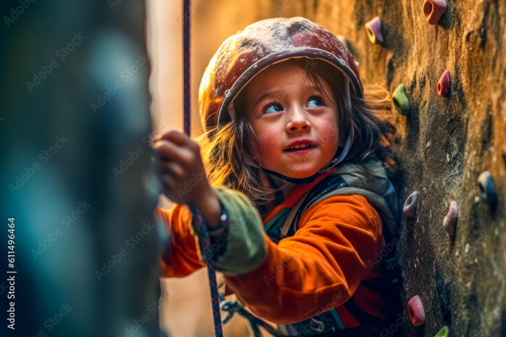Child on a rock climbing wall. Generative AI