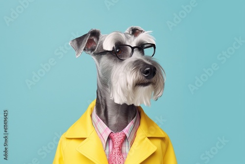 A cute grey schnauzer dog wearing a yellow jacket, pink shirt and tie and reading glasses. Surreal concept for pet shop banner or fashion advertisement. Illustration. Generative AI