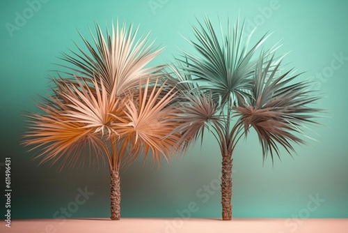 Two spectacular palm trees with orange and blue green leaves on sandy and blue green background. Minimal surreal concept for exotic resort banner. Illustration. Generative AI