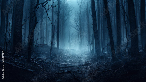 Spooky forest with trees covered in fog at night with blue color cast. AI generated.
