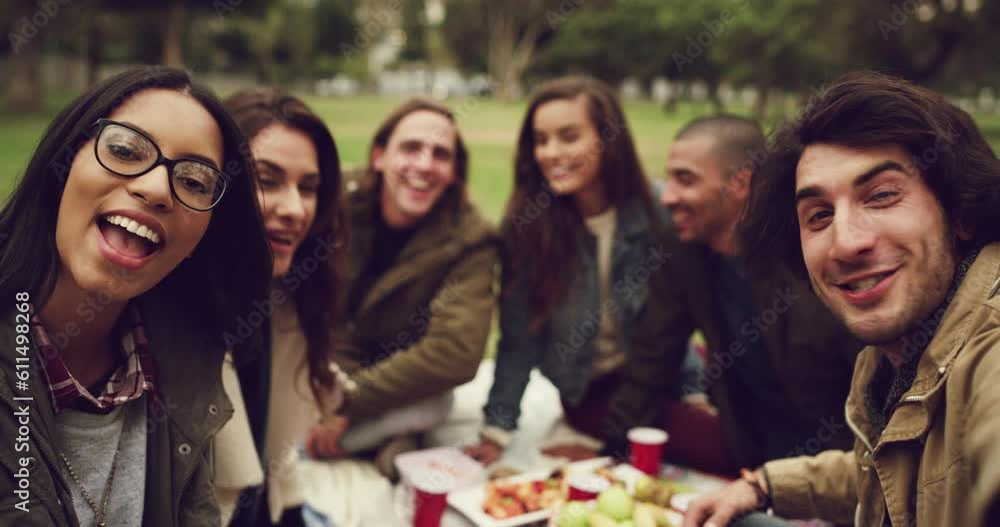 Picnic, selfie and friends on grass with smile bonding on summer holiday, vacation and weekend together. Relax, happy and portrait of men and women take picture for memory, social media and post Picnic, selfie and friends on grass with smile bonding on summer holiday, vacation and weekend together. Relax, happy and portrait of men and women take picture for memory, social media and post