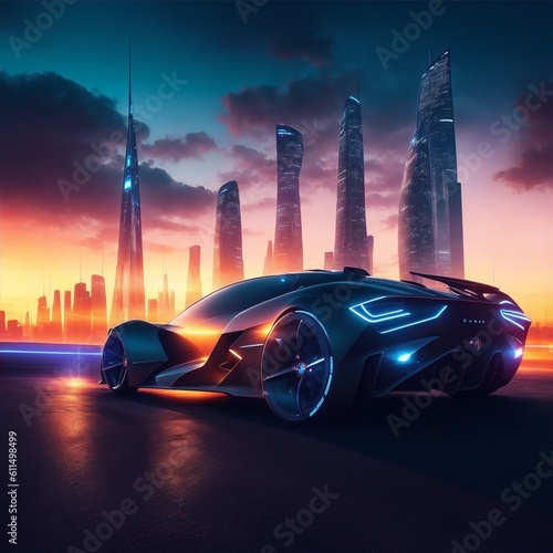 futuristic concept car with city and sunset background created with using Generative AI Technology