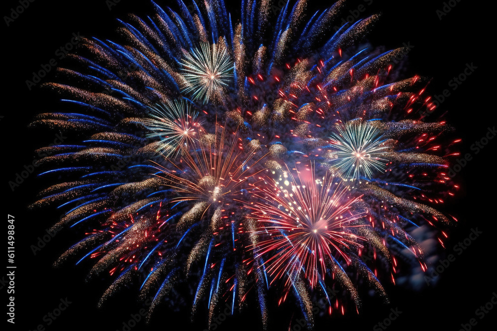 red, blue and white fireworks in the night sky generative ai red, blue and white fireworks in the night sky generative ai