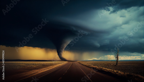Huge destructive tornado. Panoramic view. Ai generative