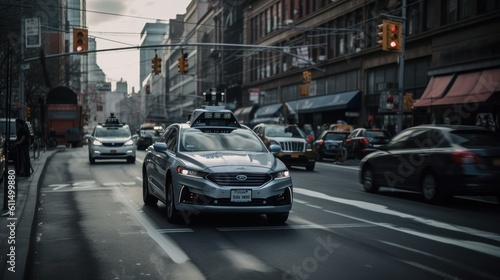 Shot of a Futuristic Self-Driving Car Moving on a Public way in a Modern City. AI Generative. © Mix and Match Studio
