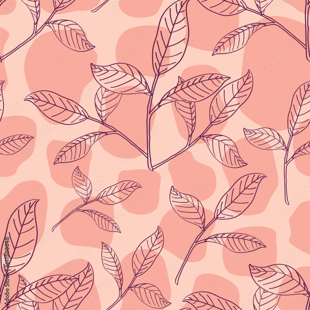 Fototapeta premium Beautiful leaves and branches over organic forms seamless pattern