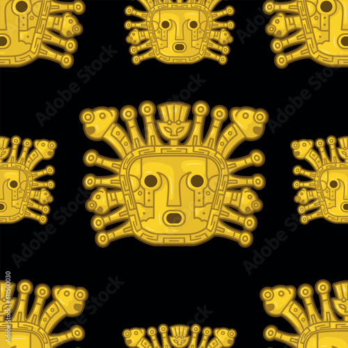 Ancient  peruvian Incaic golden god knowed as "inti" seamless pattern over black background