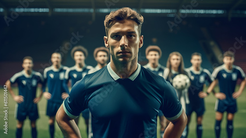 football player on the football field Confident soccer player looking at camera with teammate in the background Generative AI