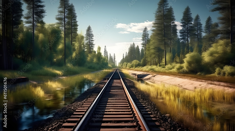 Fototapeta premium Forest trees and river along a railroad on an summer afternoon. Train tracks travel concept.