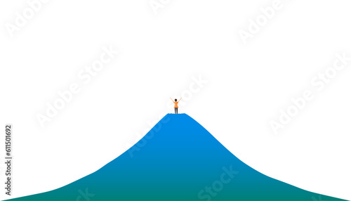 A back view of a man standing on top of a mountain with his arms raised to the sky. goal achievement concept. © lastpresent