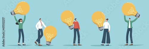 Set of illustrations of random people and they are holding huge light bulbs. Сoncept of searching for ideas for business. Innovation and acquisition of new knowledge, brainstorming to achieve success.