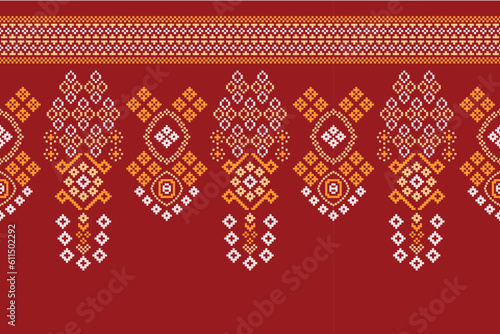 Ethnic geometric fabric pattern Cross Stitch.Ikat embroidery Ethnic oriental Pixel pattern red background. Abstract,vector,illustration. Texture,clothing,scarf,decoration,motifs,silk wallpaper.