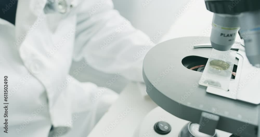 Microscope, scientist hands and blood sample for virus research for healthcare innovation. Medical, science and laboratory study in a hospital and clinic for pathology investigation for disease cure Microscope, scientist hands and blood sample for virus research for healthcare innovation. Medical, science and laboratory study in a hospital and clinic for pathology investigation for disease cure