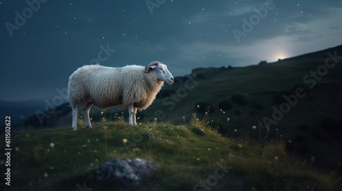Harmonious presence: A lone sheep harmonizes with the tranquil night, symbolizing the essence of Eid ul Adha on the hill. Generative AI