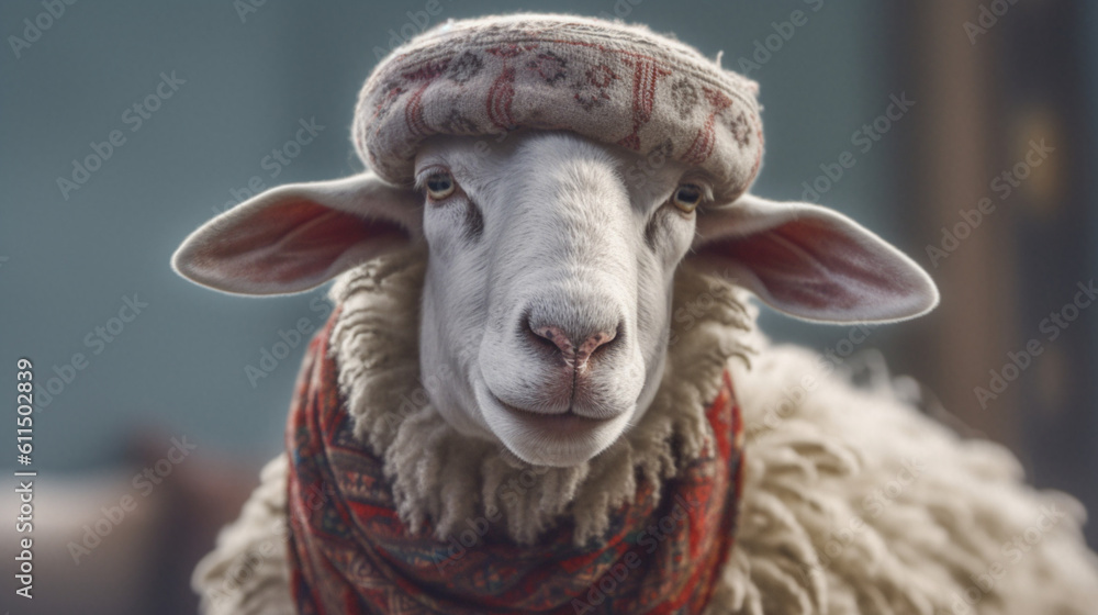 Fototapeta premium sheep wearing muslim cap eid ul adha Generative AI