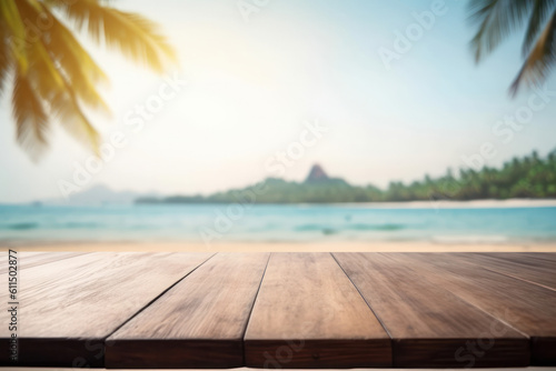 Breathtaking ocean landscape viewed from a wooden table on a resort deck. Perfect for vacation and relaxation. Generative AI.