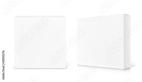 Realistic cardboard box mockup set. Vector illustration isolated on white background. Front and half side view. Can be use for food, cosmetic, pharmacy, sport and etc. Ready for your design. EPS10.