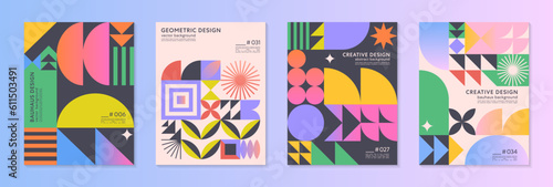 Abstract bauhaus geometric pattern backgrounds with copy space for text.Trendy minimalist geometric designs with simple shapes and elements.Modern artistic vector illustrations.Covers templates