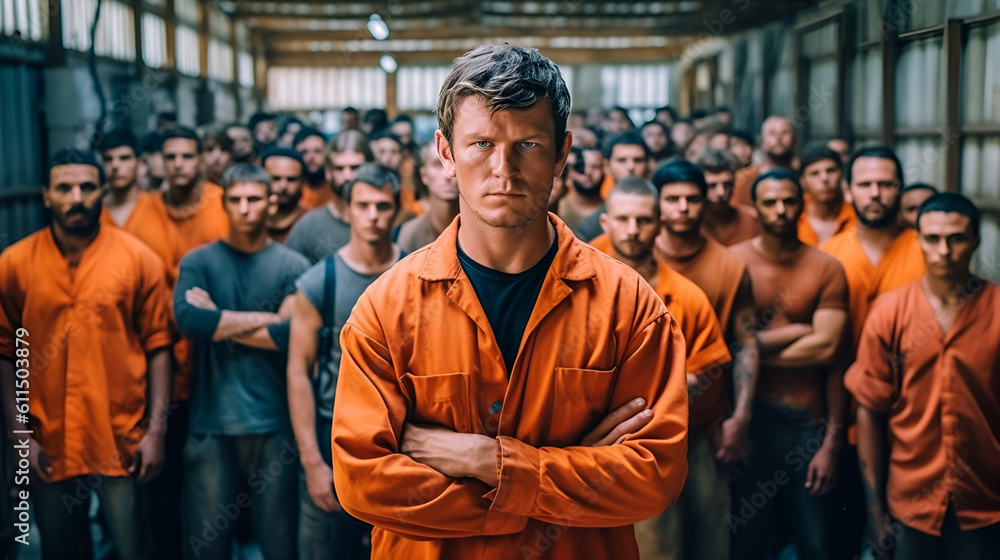 Prisoners in orange shirts at the prison Desperate handcuffed prisoner looking at camera with people behind the scenes Generative AI