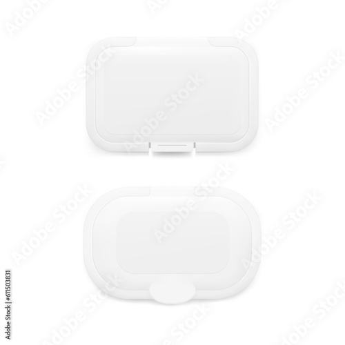 Realistic wet wipe covers for wet wipes packaging set. Front view. Vector illustration on white background. EPS10.