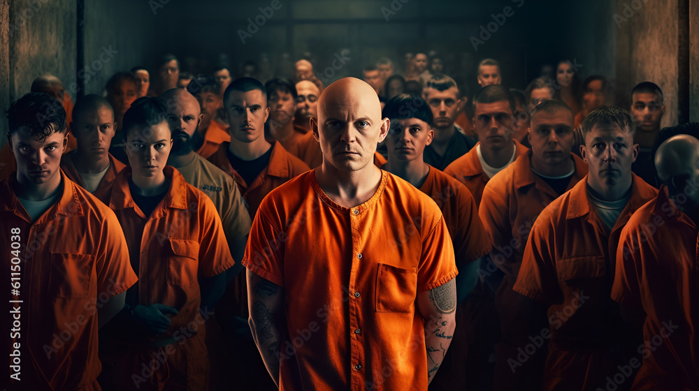 Prisoners in orange shirts at the prison Desperate handcuffed prisoner looking at camera with people behind the scenes Generative AI Prisoners in orange shirts at the prison Desperate handcuffed prisoner looking at camera with people behind the scenes Generative AI