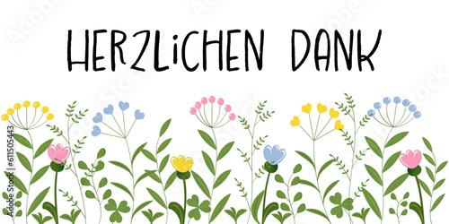 Herzlichen Dank - Schriftzug in deutscher Sprache. Dankeskarte mit pastellfarbenen Blumen.